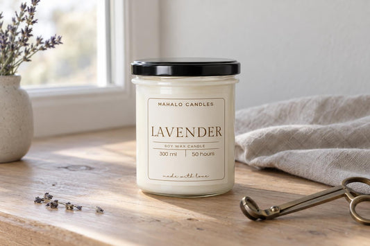 Świeca sojowa Lavender 300 ml z trymerem do knota i zapałkami na drewnianym blacie przy oknie